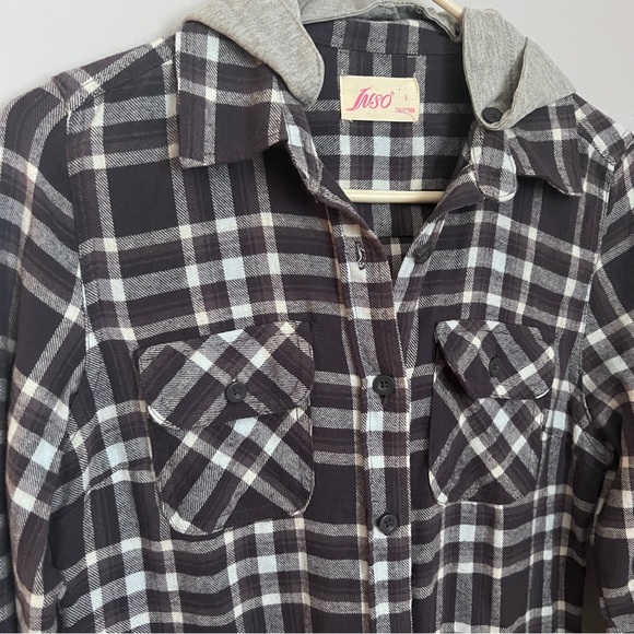 Inso Collection Blk, Wht & Grey Plaid  Flannel with Detachable Hood EUC - Picture 2 of 6